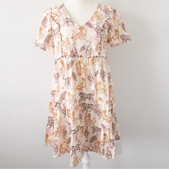 Umgee Cream Tiger Print Babydoll Tiered Cotton‎ Dress Size Small - Picture 4 of 12